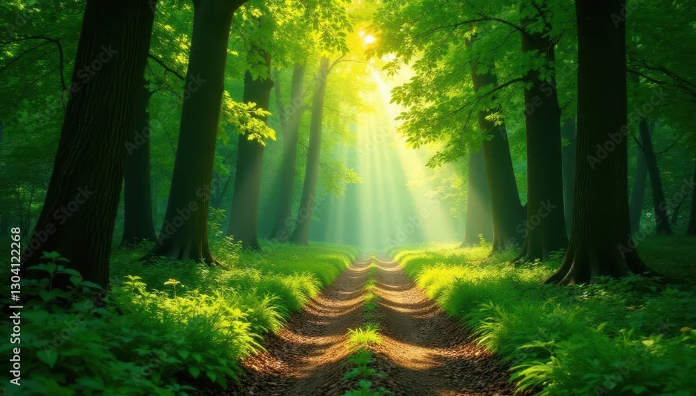 Fototapeta premium Sun-dappled green forest path, dappled light filtering through leaves, summer, image, tranquil