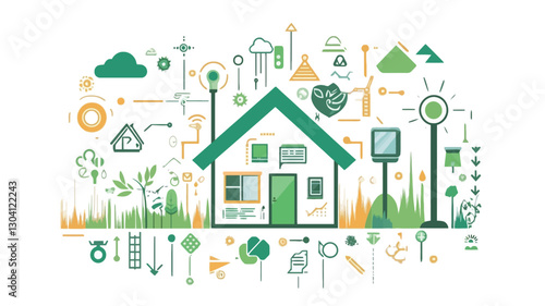 A vector illustration depicting a simplified house at the center, surrounded by various icons representing smart home technology and sustainable living elements.  The style is minimalist