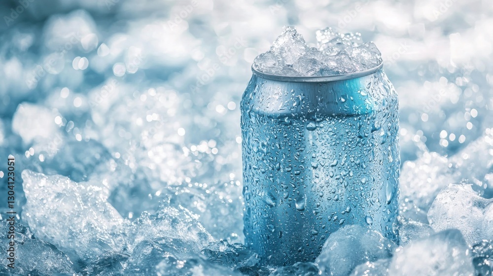 A cold beverage can sits surrounded by ice, glistening with condensation, creating a refreshing and inviting scene. A cold beverage can sits surrounded by ice, glistening with condensation, creating a refreshing and inviting scene.
