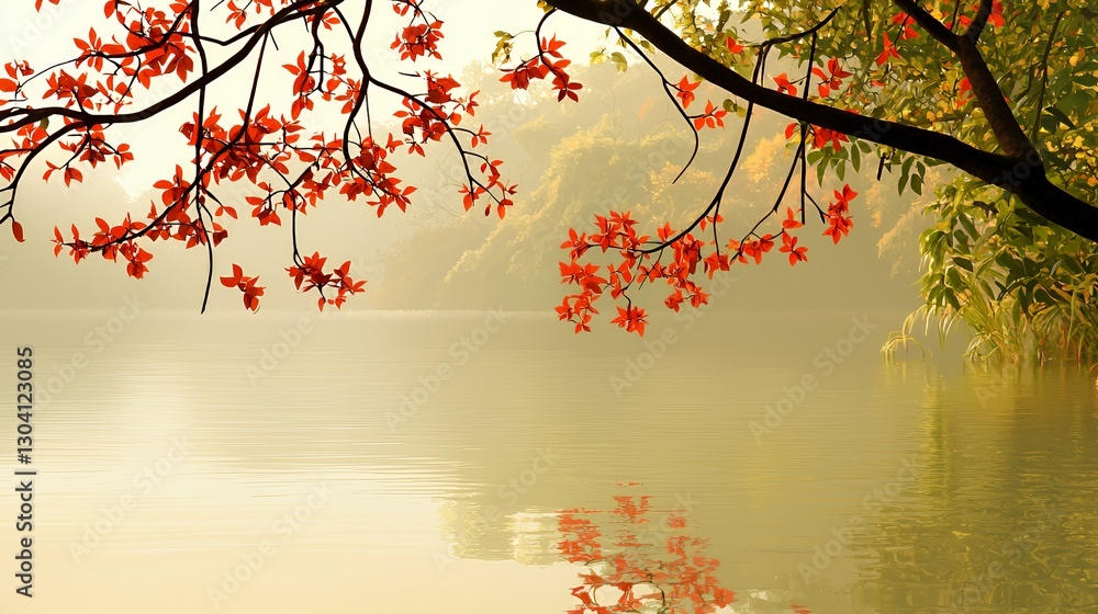 Fototapeta premium Red Leaves Over Calm Lake at Dawn