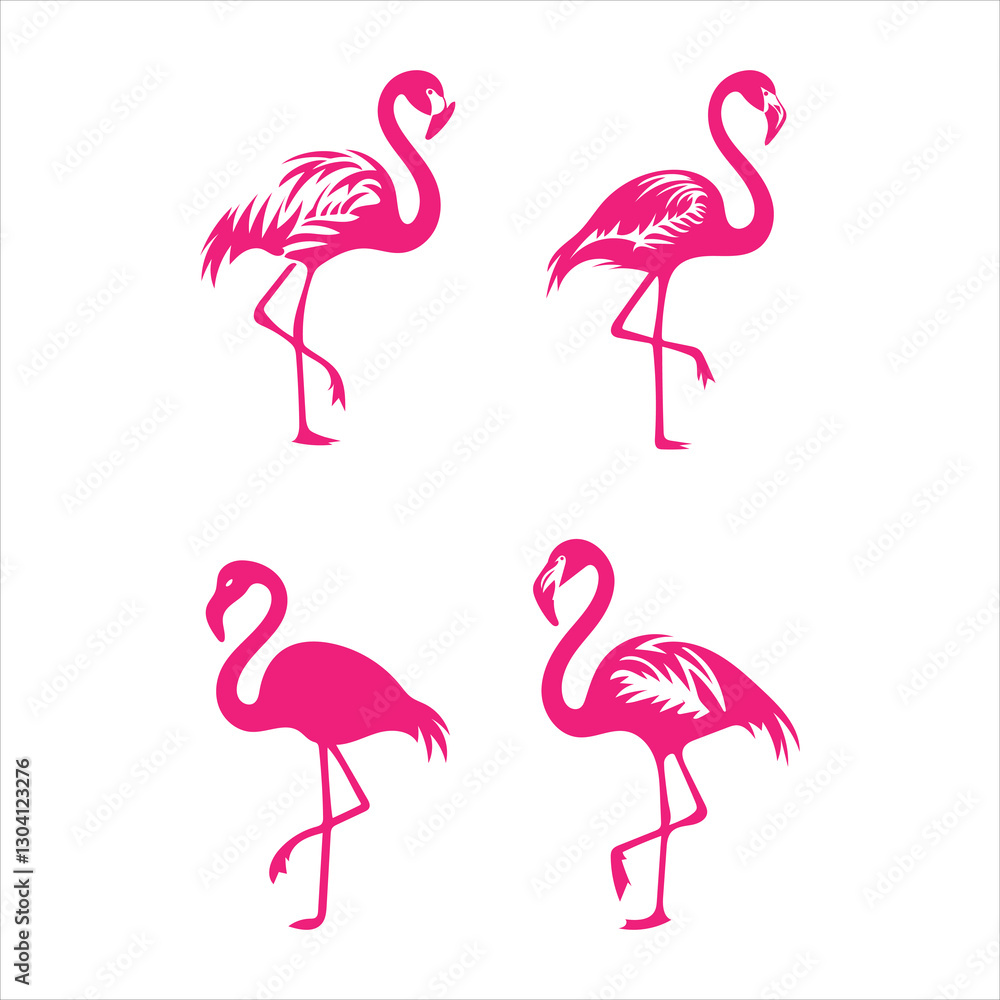 Fototapeta premium set of pink flamingos, on a white background vector vector flamingo, pink swan icon, tropical bird, summer animal set, cute zoo character isolated on white background 