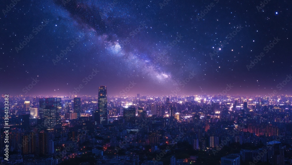 Obraz premium Night Cityscape Under Milky Way Galaxy