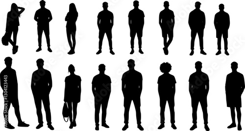Vector silhouettes man and women, illustration. Silhouettes of young people posing in casual clothes. EPS10 version.