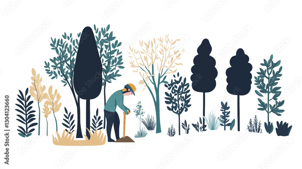 Naklejka premium Illustration of a gardener tending to various plants and trees. The style is flat, vector-based with simplified shapes and limited color palette. The background is white. The gardener is