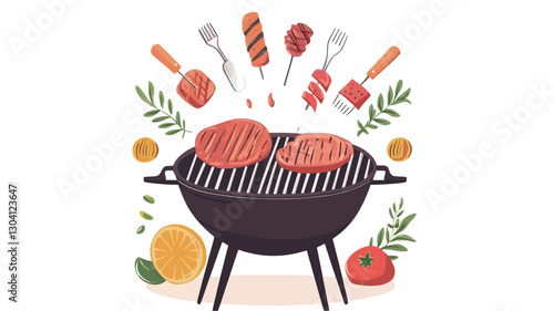 A digital illustration depicting a round charcoal grill with two cooked steaks on the grate.  Surrounding the grill are various food items such as sausages on skewers, pieces of meat, and