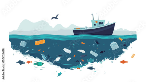 A vector illustration depicting a fishing vessel on a sea surface. Below the waterline, a significant amount of plastic waste and debris is visible, illustrating marine pollution. The