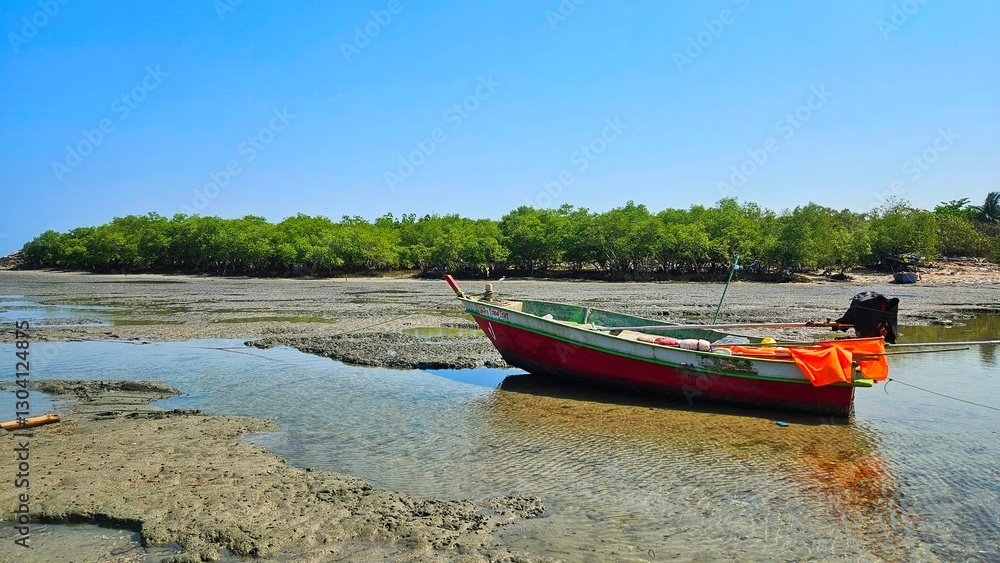 fishing boat park on the beach near mangrove forest landscap.