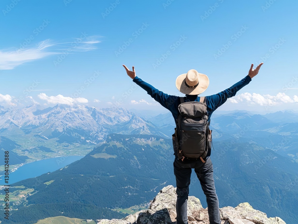 A traveler celebrates reaching the mountain summit with arms wide open, enjoying nature. A traveler celebrates reaching the mountain summit with arms wide open, enjoying nature.
