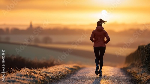 A person jogging on a path during a beautiful sunrise in a serene landscape.