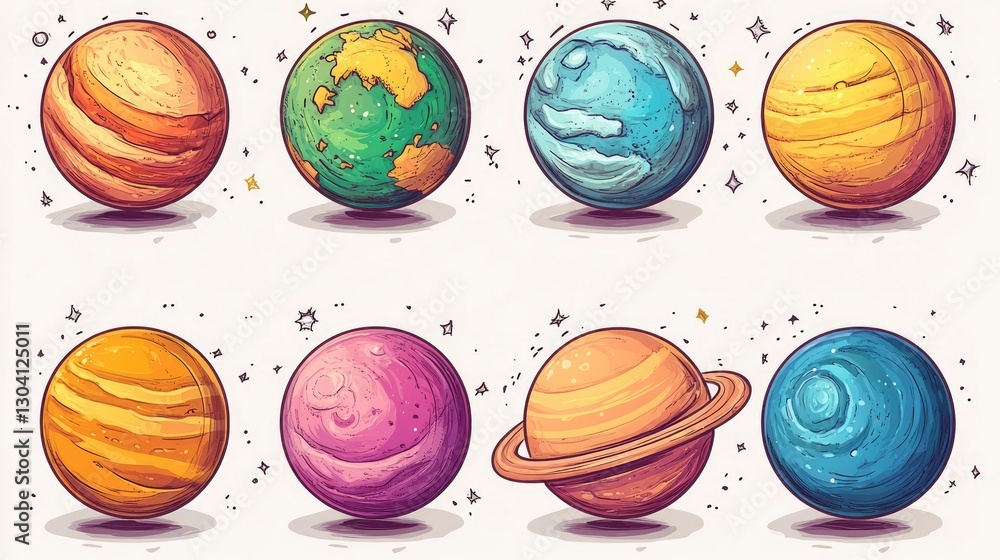 Obraz premium Hand-Drawn Planets A Colorful Collection of Celestial Bodies