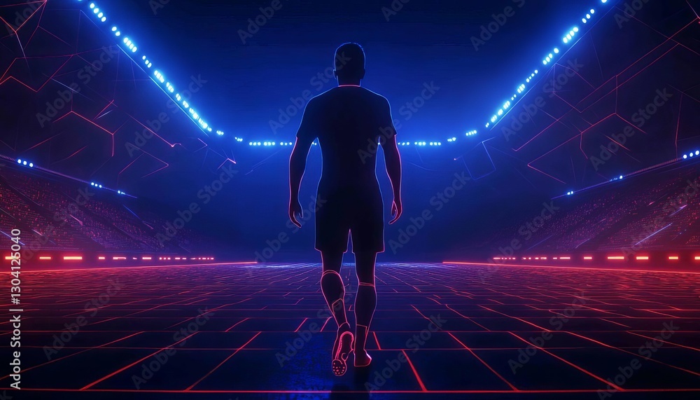 Obraz premium A lone athlete walks towards a vibrant, illuminated stadium, full of anticipation.
