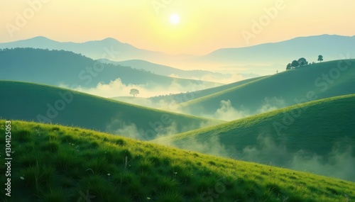 Rolling hills veiled in morning mist, soft sunlight filtering through , picturesque, road, morning