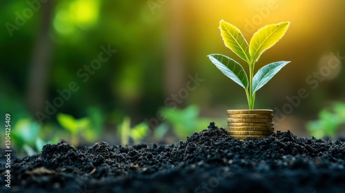 Wallpaper Mural Young Plant Sprouting from Stack of Coins in Soil - Growth, Investment, and Financial Success Torontodigital.ca