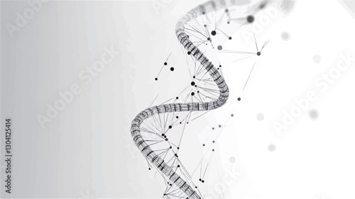 The image is a digital illustration depicting an abstract representation of a DNA double helix.  It's rendered in shades of gray on a white background. The helix is composed of