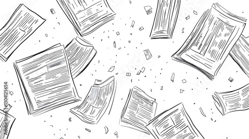 A seamless pattern of sketched newspapers falling against a white background. The newspapers are depicted in grayscale using a hand-drawn style, with varying degrees of detail showing text