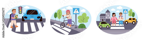 Vector illustrations of children following road safety rules. Boy crossing at traffic light, girl in helmet with bicycle near pedestrian sign, kids on crosswalk. Traffic flat cartoon compositions