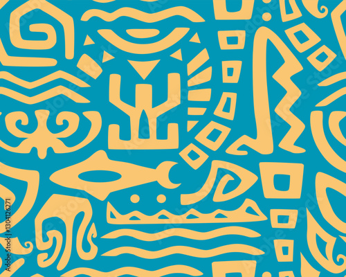 Polynesian motifs. Tiki seamless pattern. Aztec textile print.Geometric, vector background. Suitable for printing on fabric and paper, for parties. 