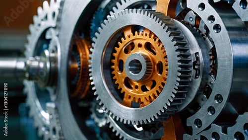 Image is a high-resolution, close-up photograph of a complex mechanical assembly featuring interlocking gears. The gears are metallic, with a polished, reflective surface that captures the ambient lig