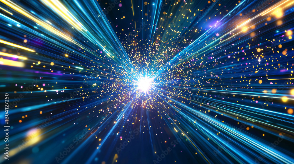 Naklejka premium Captivating digital particle burst with vibrant light rays and colors