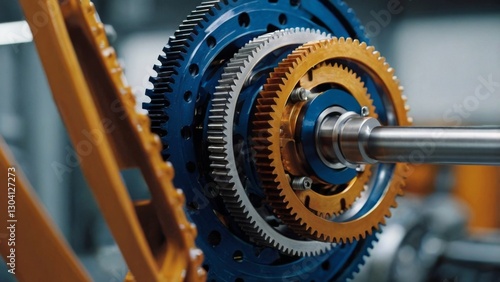 Image is a high-resolution, close-up photograph of a complex mechanical assembly featuring interlocking gears. The gears are metallic, with a polished, reflective surface that captures the ambient lig