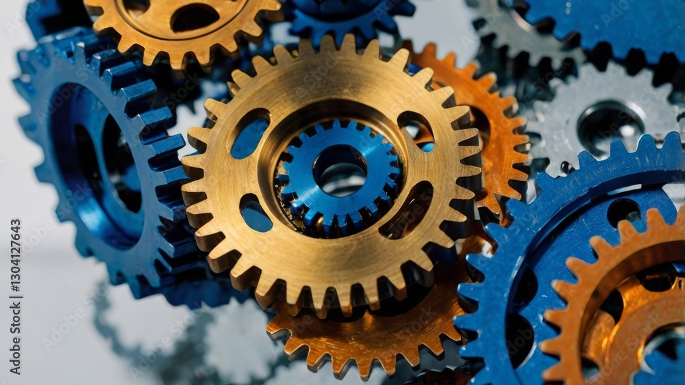 Image is a high-resolution, close-up photograph of a complex mechanical assembly featuring interlocking gears. The gears are metallic, with a polished, reflective surface that captures the ambient lig Image is a high-resolution, close-up photograph of a complex mechanical assembly featuring interlocking gears. The gears are metallic, with a polished, reflective surface that captures the ambient lig