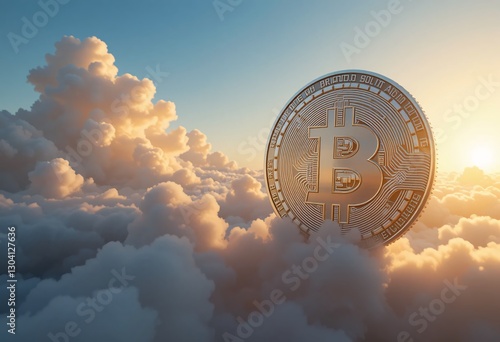 Golden Cryptocurrency Above Clouds. Digital Currency Symbol. Financial Future. Innovation. Investment Potential. Cloud Technology Concept. Digital Gold. Optimistic Outlook. Sunny Sky. photo