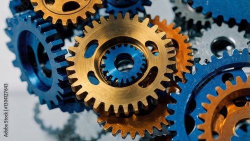 Image is a high-resolution, close-up photograph of a complex mechanical assembly featuring interlocking gears. The gears are metallic, with a polished, reflective surface that captures the ambient lig
