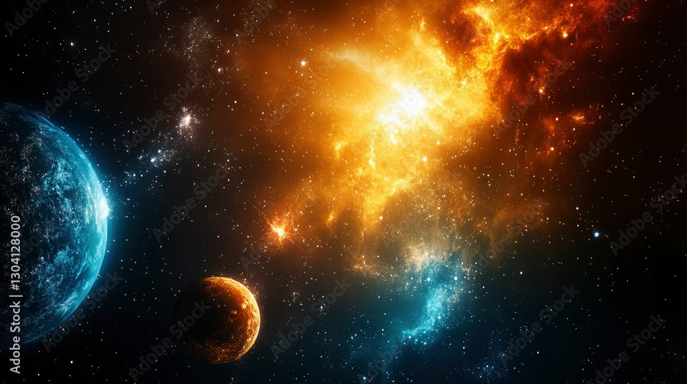 Fototapeta premium Celestial Collision Fiery Nebula and Planets in Deep Space