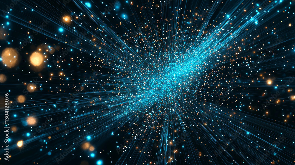 Fototapeta premium Dynamic digital particle burst with vivid blue and gold lights creating mesmerizing effect