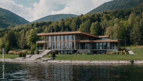 Imagine a two story beautiful German retreat center overlooking a beautiful lake. Where is the garden surrounding it grey natural stone, materials, and wood with large windows to see the grand view an