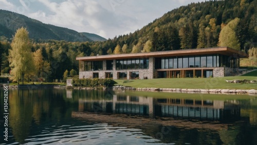 Imagine a two story beautiful German retreat center overlooking a beautiful lake. Where is the garden surrounding it grey natural stone, materials, and wood with large windows to see the grand view an