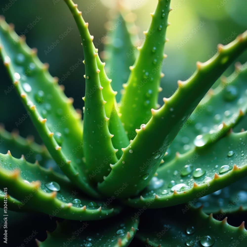 Water beads shimmering on thick aloe vera foliage , medicine, hydration, background Water beads shimmering on thick aloe vera foliage , medicine, hydration, background