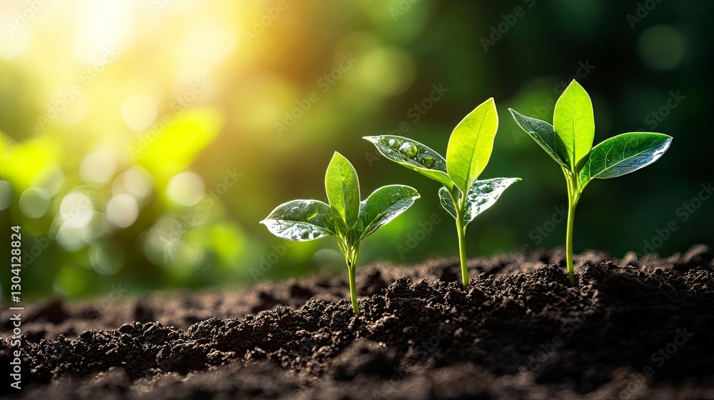 Three Young Seedlings Growing in Rich Soil at Sunrise Three Young Seedlings Growing in Rich Soil at Sunrise