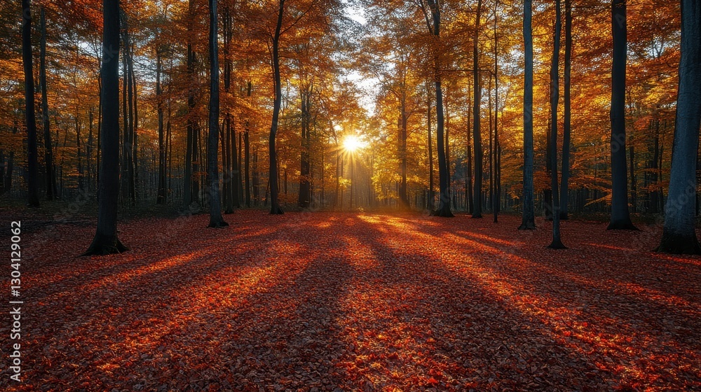Fototapeta premium Golden Forest Path: A sun-drenched path through a vibrant autumn forest, with leaves covering the ground and a warm light piercing through the trees.