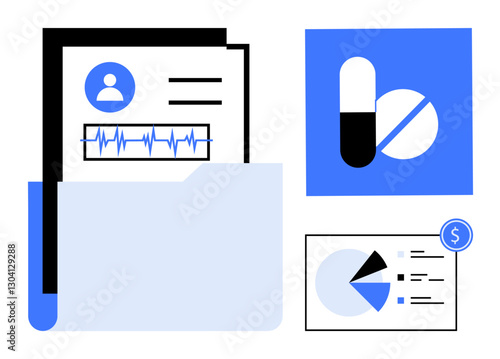 Folder with patient records, medication visuals, data graphs, and financial symbols. Ideal for healthcare, analytics, medication, finance, record-keeping technology flat simple metaphor
