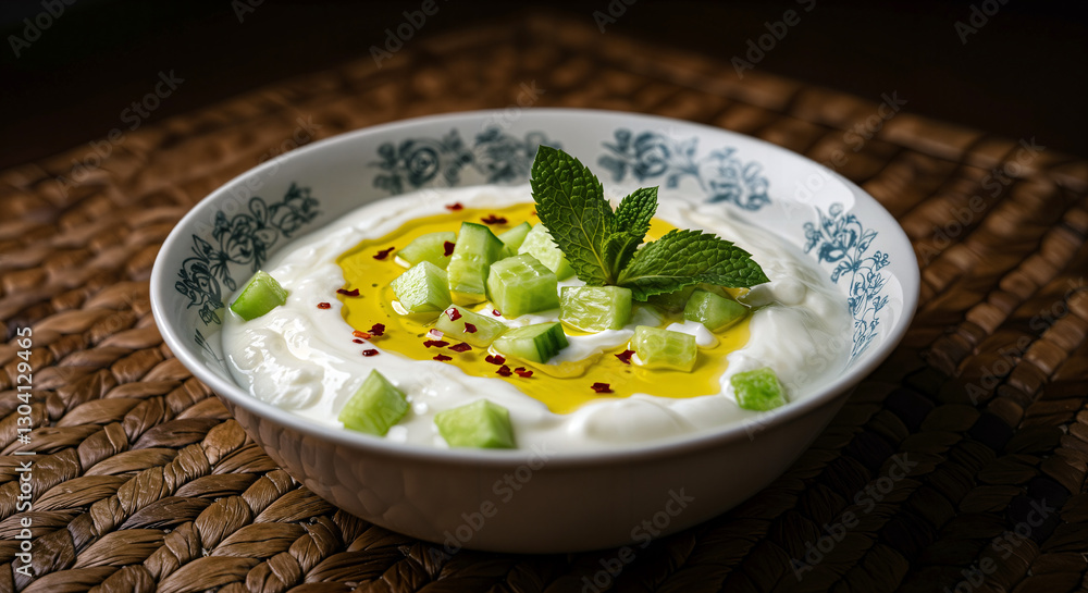 Turkish Cacık - Thin Yogurt with Cucumber - A refreshing bowl of watery yogurt mixed with diced cucumbers, garlic, and dill, drizzled with olive oil with a sprinkle of red pepper flakes and mint Turkish Cacık - Thin Yogurt with Cucumber - A refreshing bowl of watery yogurt mixed with diced cucumbers, garlic, and dill, drizzled with olive oil with a sprinkle of red pepper flakes and mint