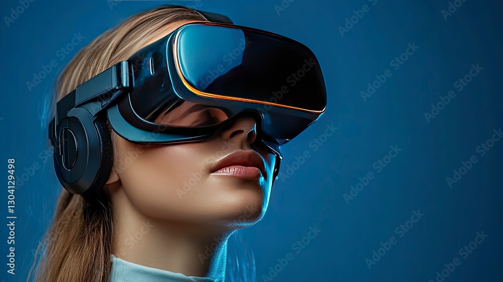 Naklejka premium Woman Experiencing Immersive Virtual Reality with Headset