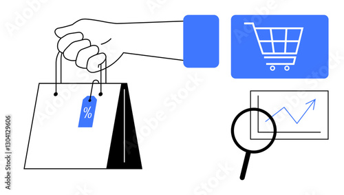 Hand gripping shopping bag with tag, digital cart icon, and growth chart magnified with a lens. Ideal for retail, e-commerce, analytics, customer journey, sales marketing strategy. Flat simple