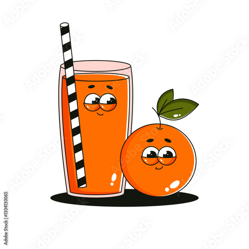 Funky character glass of juice and orange. Comic mascot with happy smile face. Retro groovy fruit and cocktail. Summer isolated vector illustration