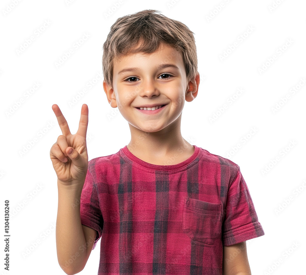 Happy boy showing peace sign, isolated on transparent cutout background Happy boy showing peace sign, isolated on transparent cutout background