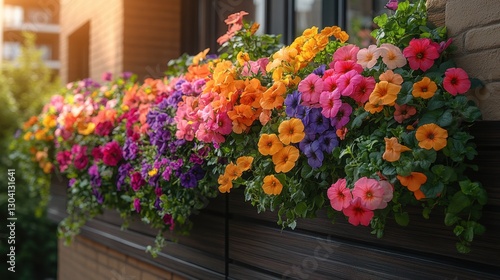 Wallpaper Mural Floral Window Box: A vibrant, overflowing window box bursts with a kaleidoscope of colorful blooms. The flowers create a stunning display of nature's artistry. Torontodigital.ca
