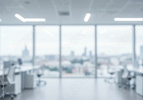 The image captures a blurred modern office with a cityscape view  showcasing a clean white palette  geometric lighting  and empty desk spaces