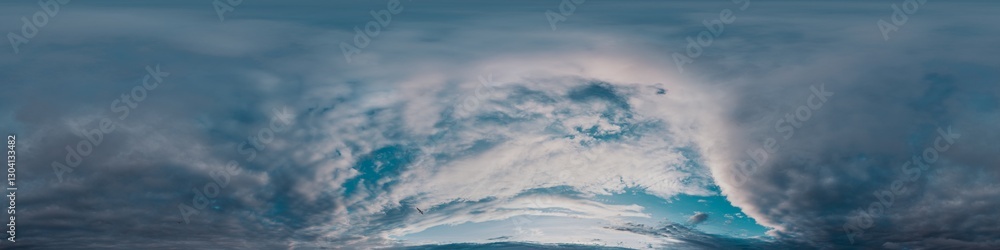 Obraz premium Sunset sky with bright glowing pink Cumulus clouds. Seamless spherical HDR 360 panorama. Full zenith or sky dome in 3D, sky replacement for aerial drone panoramas. Climate and weather change.