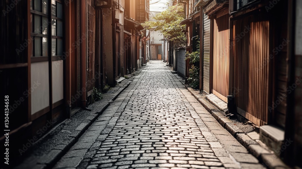 Narrow cobblestone alleyway bathed in warm sunlight. Narrow cobblestone alleyway bathed in warm sunlight.