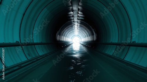 A high-angle photograph captures the rich deep teal interior of a long drainage pipe  where light reflects off wet surfaces  creating a mesmerizing tunnel effect leading to a bright opening.