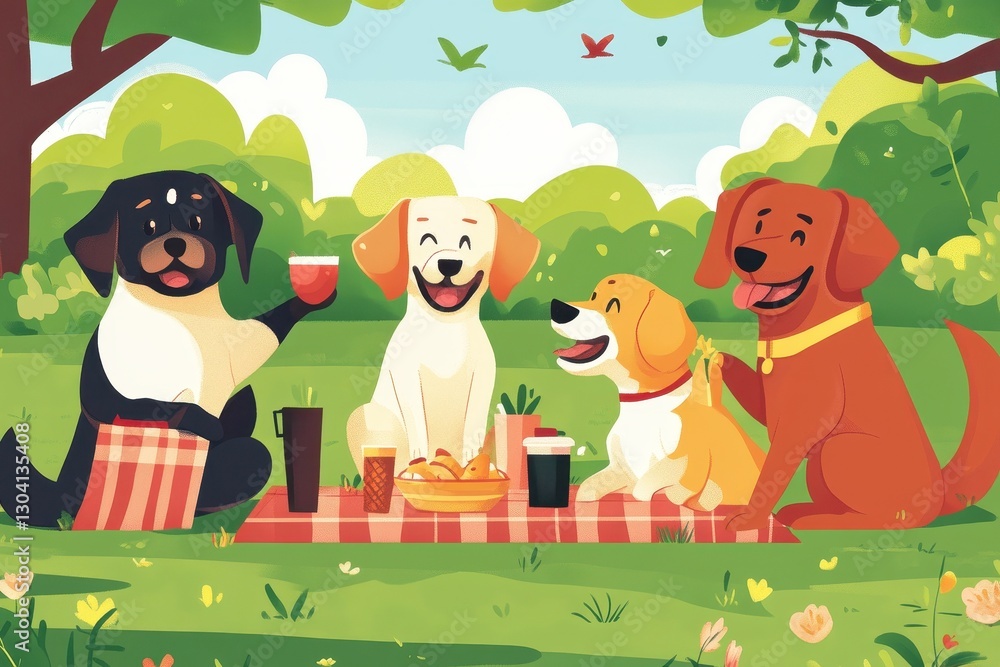 Naklejka premium Four happy dogs enjoying a picnic together on a sunny day