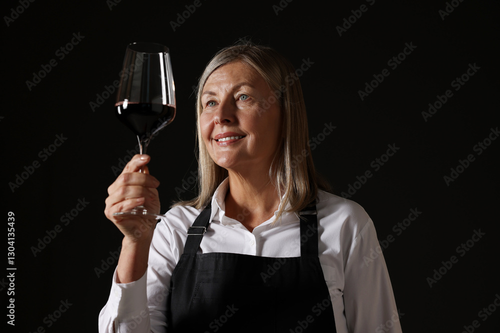 Professional sommelier analyzing quality of red wine on black background Professional sommelier analyzing quality of red wine on black background