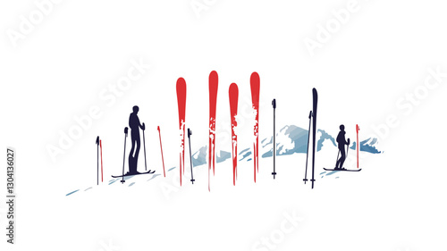 A vector graphic illustration depicting a row of skiers and their skis in silhouette against a white background. The skiers are stylized and simplified, focusing on their form rather than