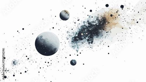 The image is an abstract digital illustration depicting a cosmic scene.  It features several irregularly shaped celestial bodies rendered in shades of gray and dark blue, varying in size