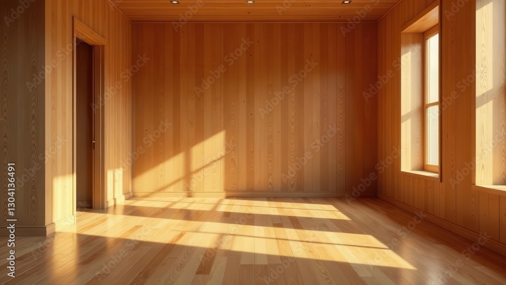 Fototapeta premium Warm Sunlight Illuminates an Empty Room with Wooden Walls and Floors, Creating a Serene and Inviting Atmosphere